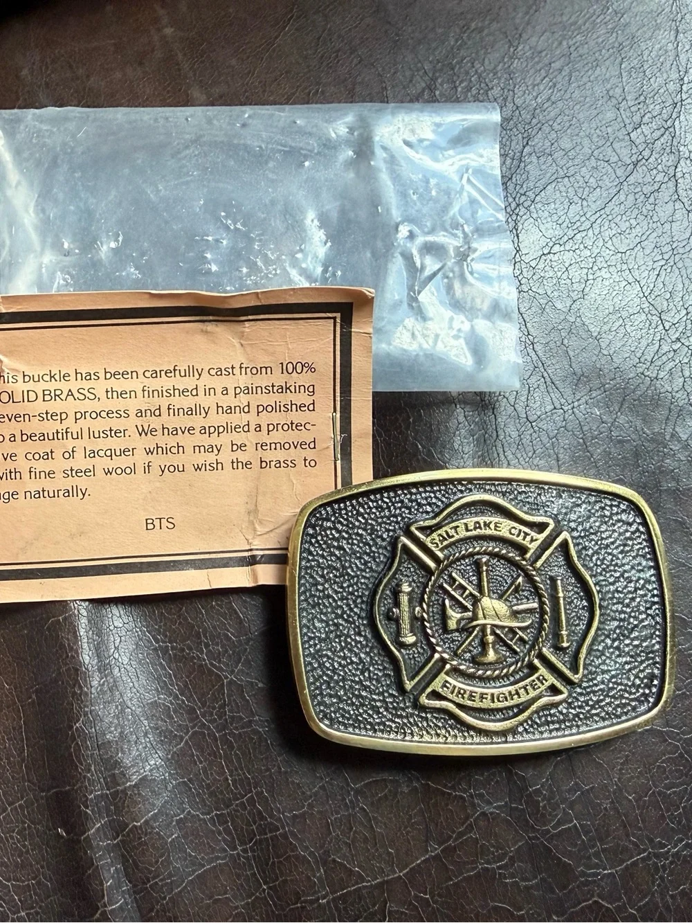 Rare Solid brass Salt Lake City firefighter belt buckle 3.5 L X 2.5 T